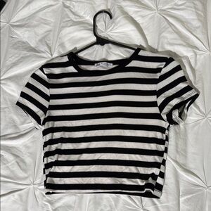 Zara Black and White Striped Short Sleeve Tee